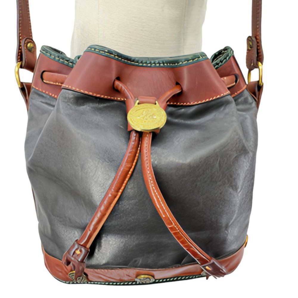 Vintage 80s Brahmin New Directions Leather Drawstring Bucket Bag